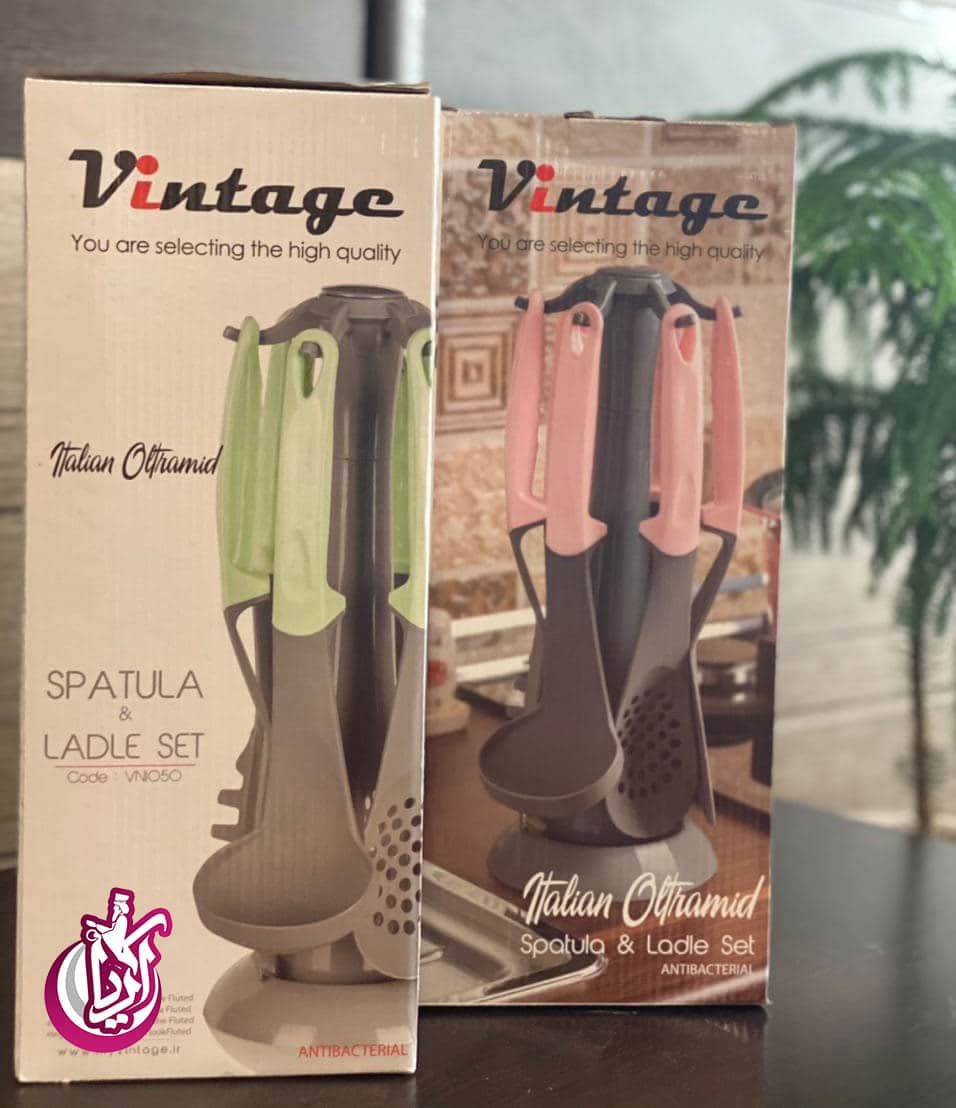 sale-set-skimmer-and-ladle-vintage-pic-2 ست کفگیر و ملاقه وینتج دارای پایه نگهدارنده